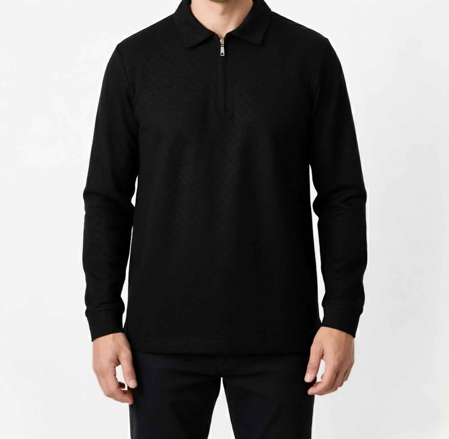 Textured Zipper Polo Black
