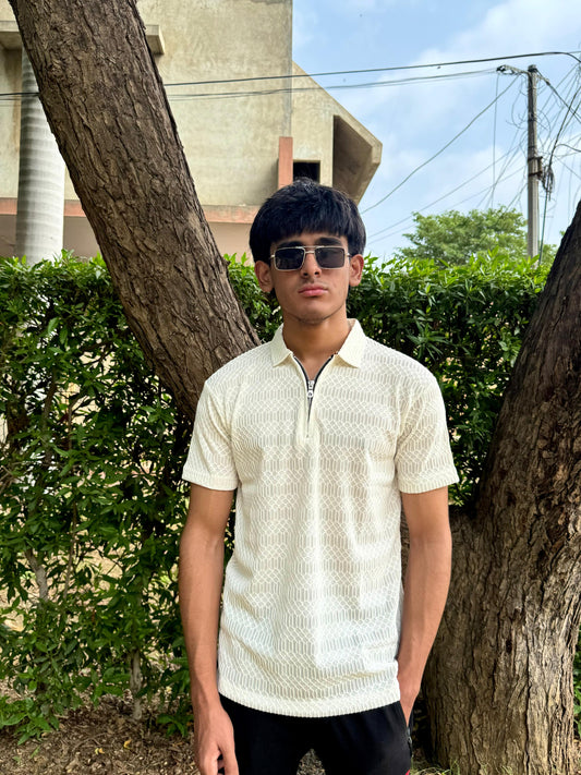 Off White Knitted Zip Polo design 1