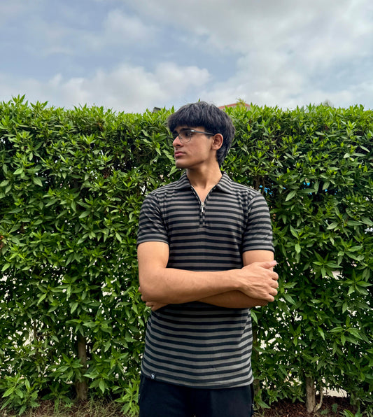 Black & Grey Knitted Zip Polo