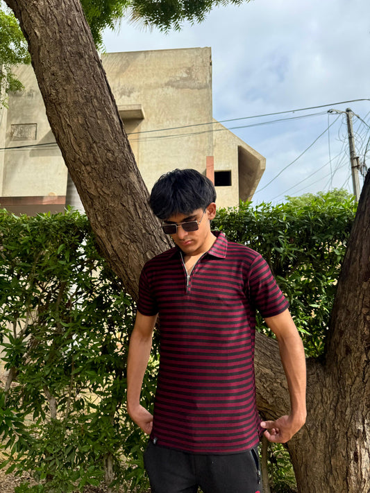 Black & Maroon Knitted Zip Polo