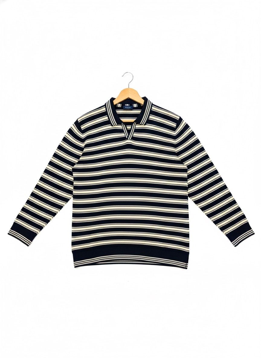 Striped Knitted Long-Sleeve Polo (Camel & Black)
