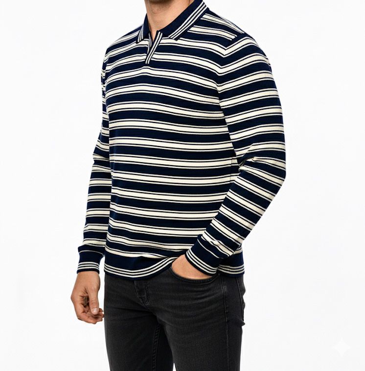 Striped Knitted Long-Sleeve Polo (Navy & White)