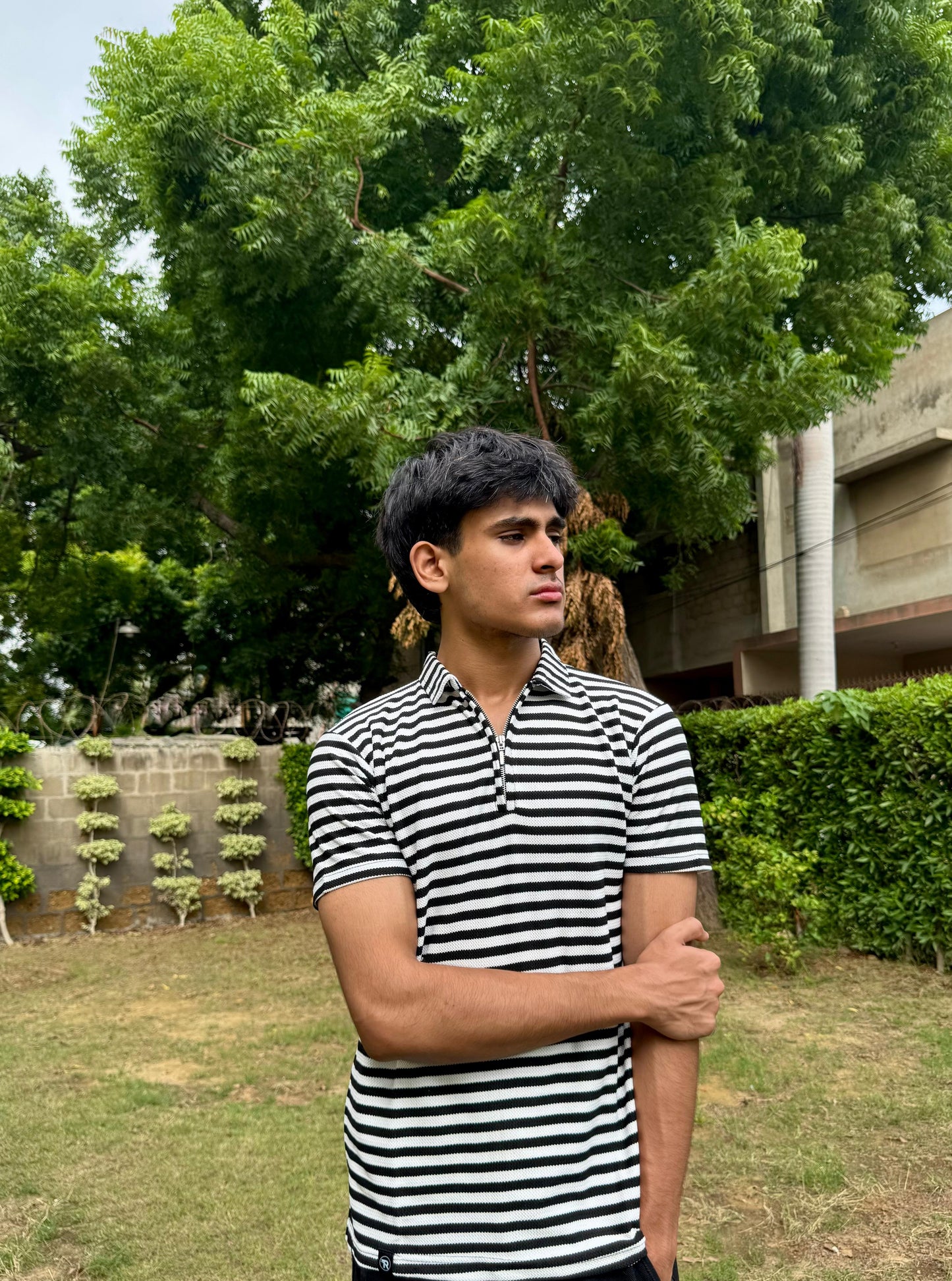 Black & White Knitted Zip Polo