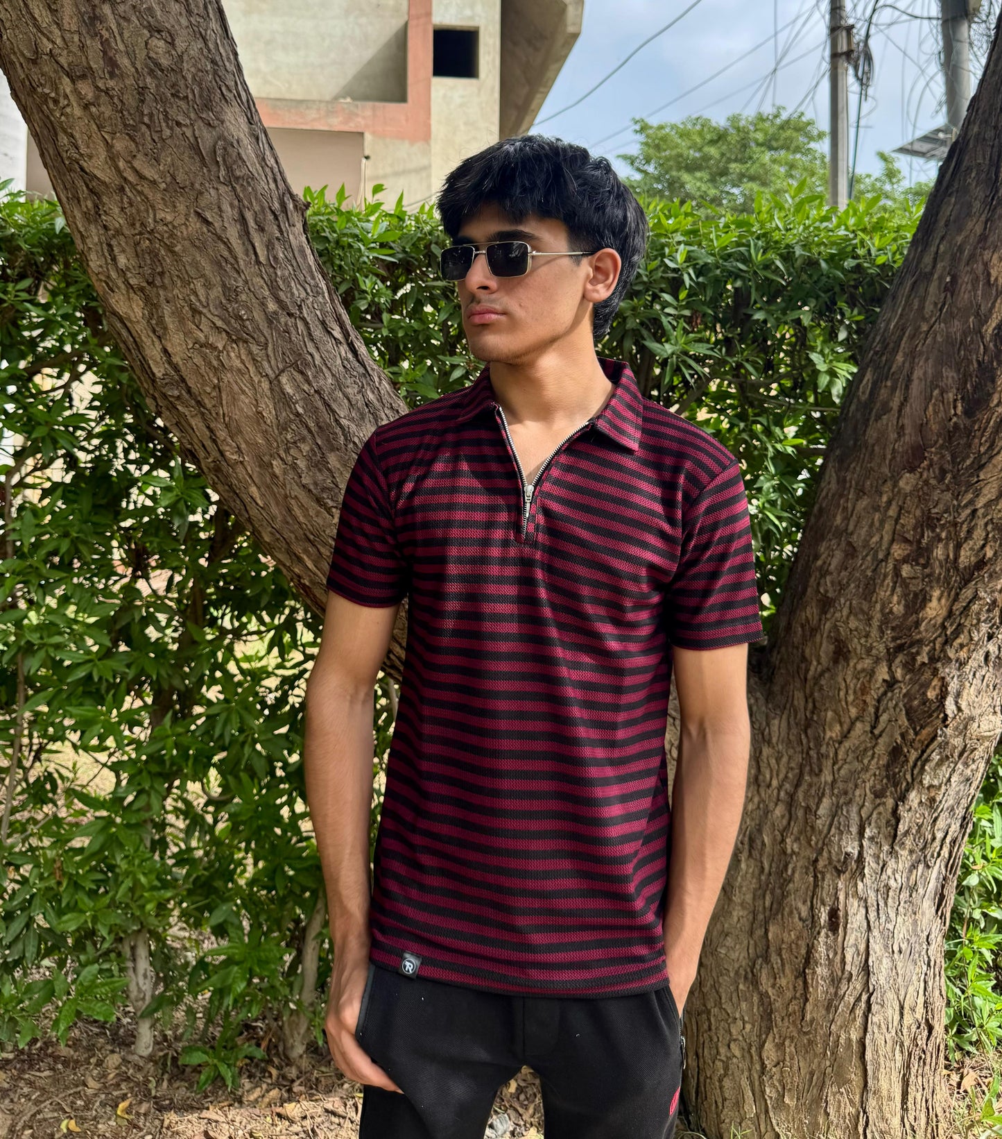 Black & Maroon Knitted Zip Polo