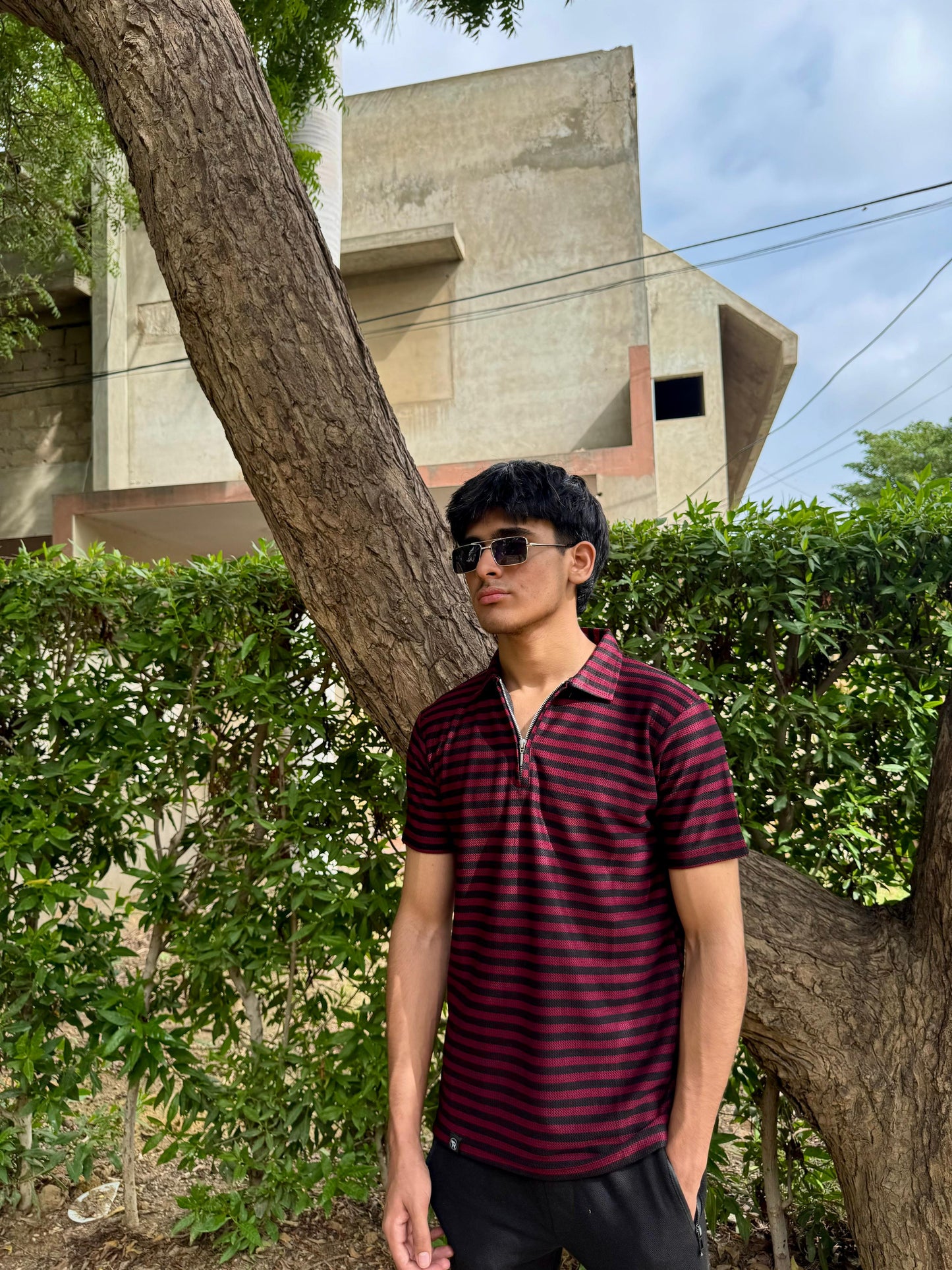 Black & Maroon Knitted Zip Polo
