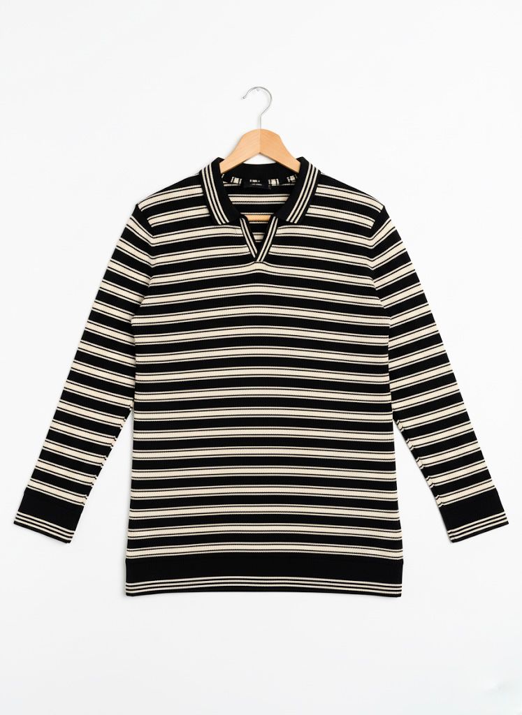 Striped Knitted Long-Sleeve Polo (Black & White)