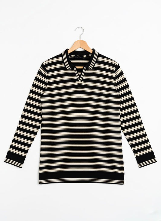 Striped Knitted Long-Sleeve Polo (Black & White)