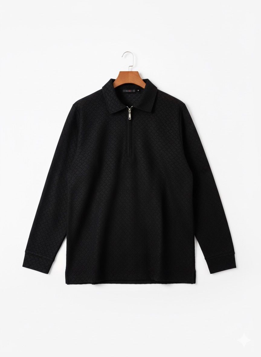 Textured Zipper Polo Black