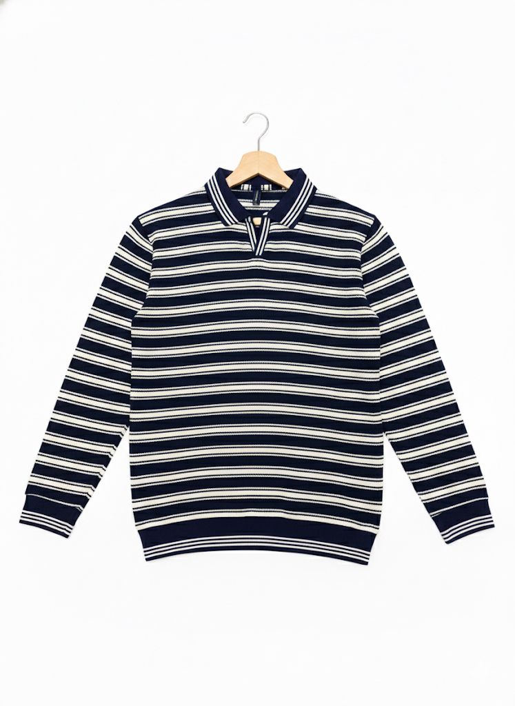 Striped Knitted Long-Sleeve Polo (Navy & White)