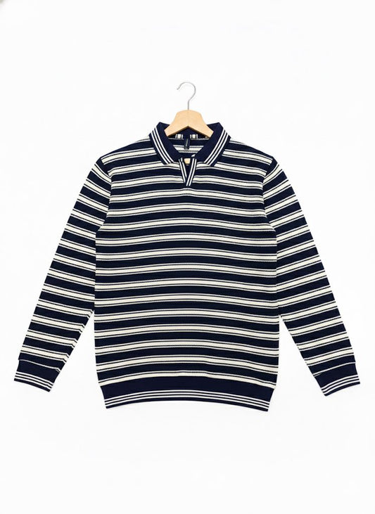 Striped Knitted Long-Sleeve Polo (Navy & White)