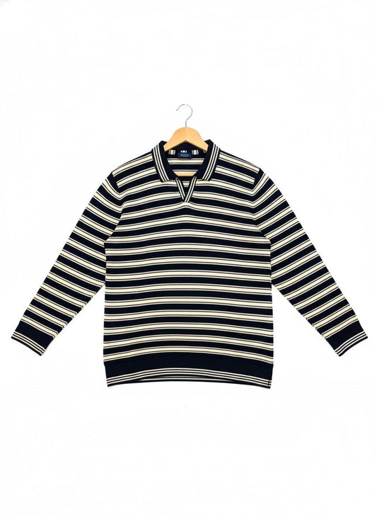 Striped Knitted Long-Sleeve Polo (Camel & Black)