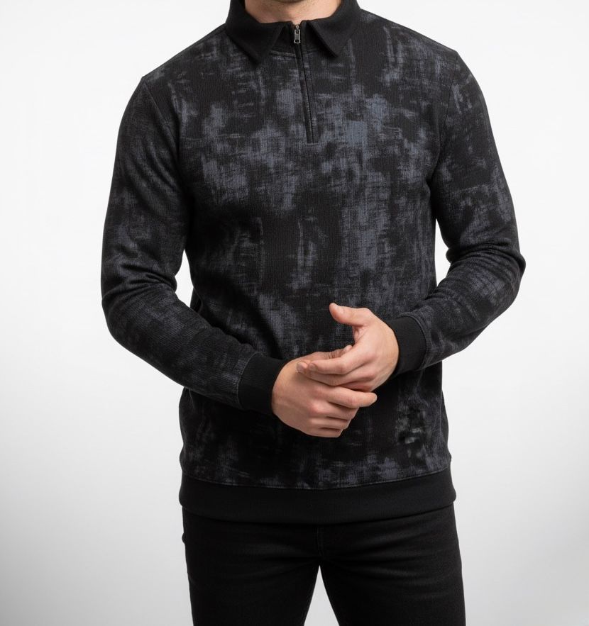 Textured Quarter Zip Polo - Black