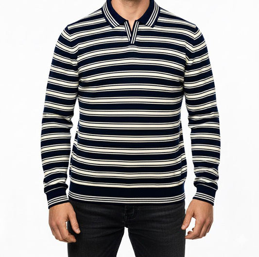 Striped Knitted Long-Sleeve Polo (Navy & White)